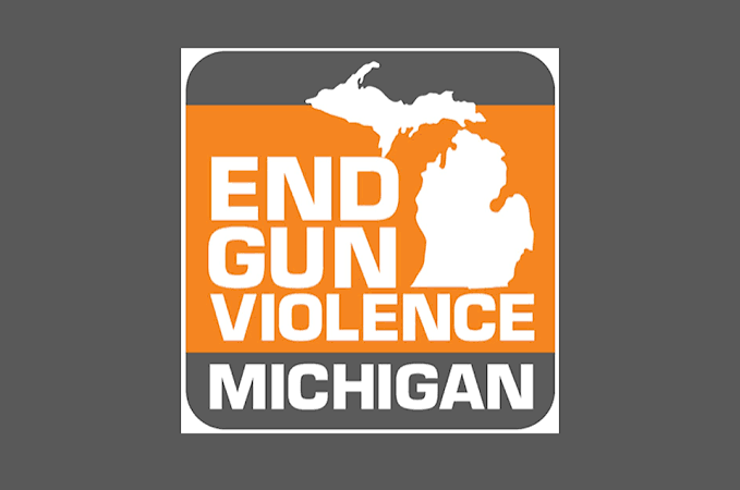 Logo for end gun violence michigan with outline of the state 