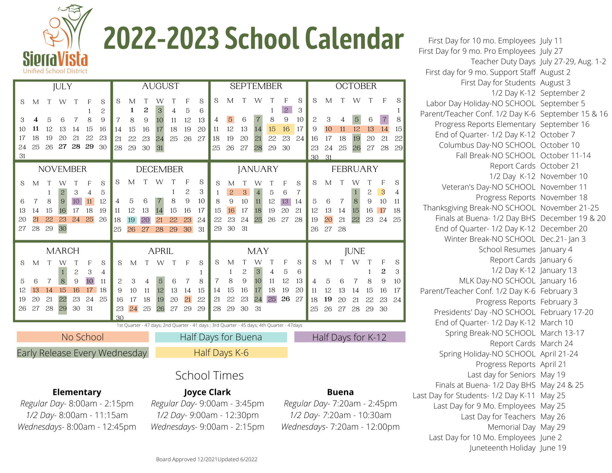 School Calendar Times Sierra Vista Unified School District