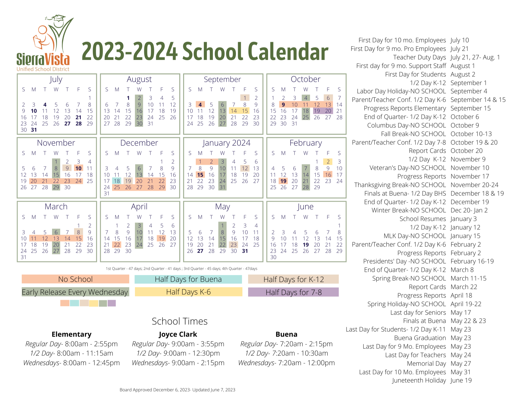 School Calendar & Times Sierra Vista Unified School District