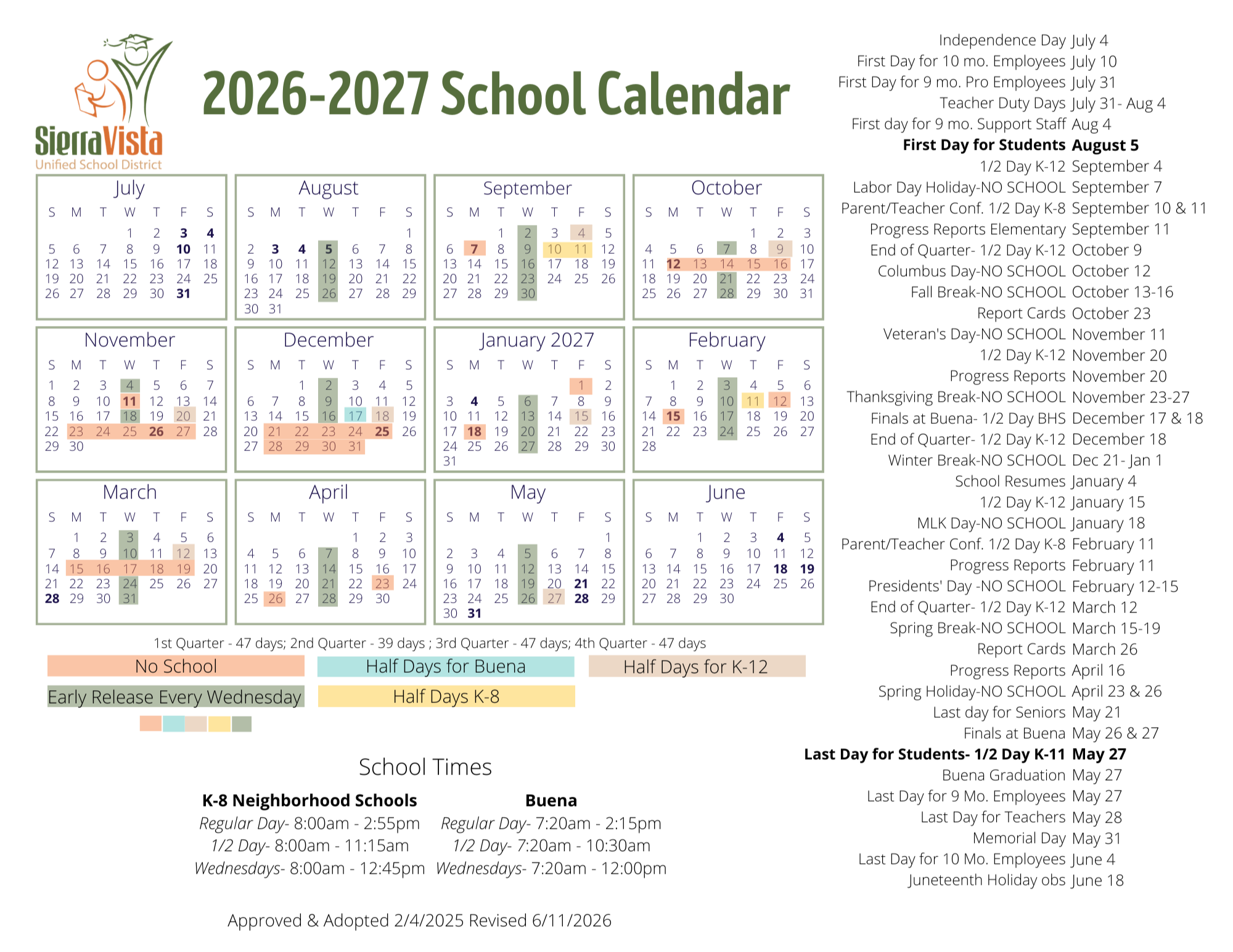 2026-2027 School Calendar