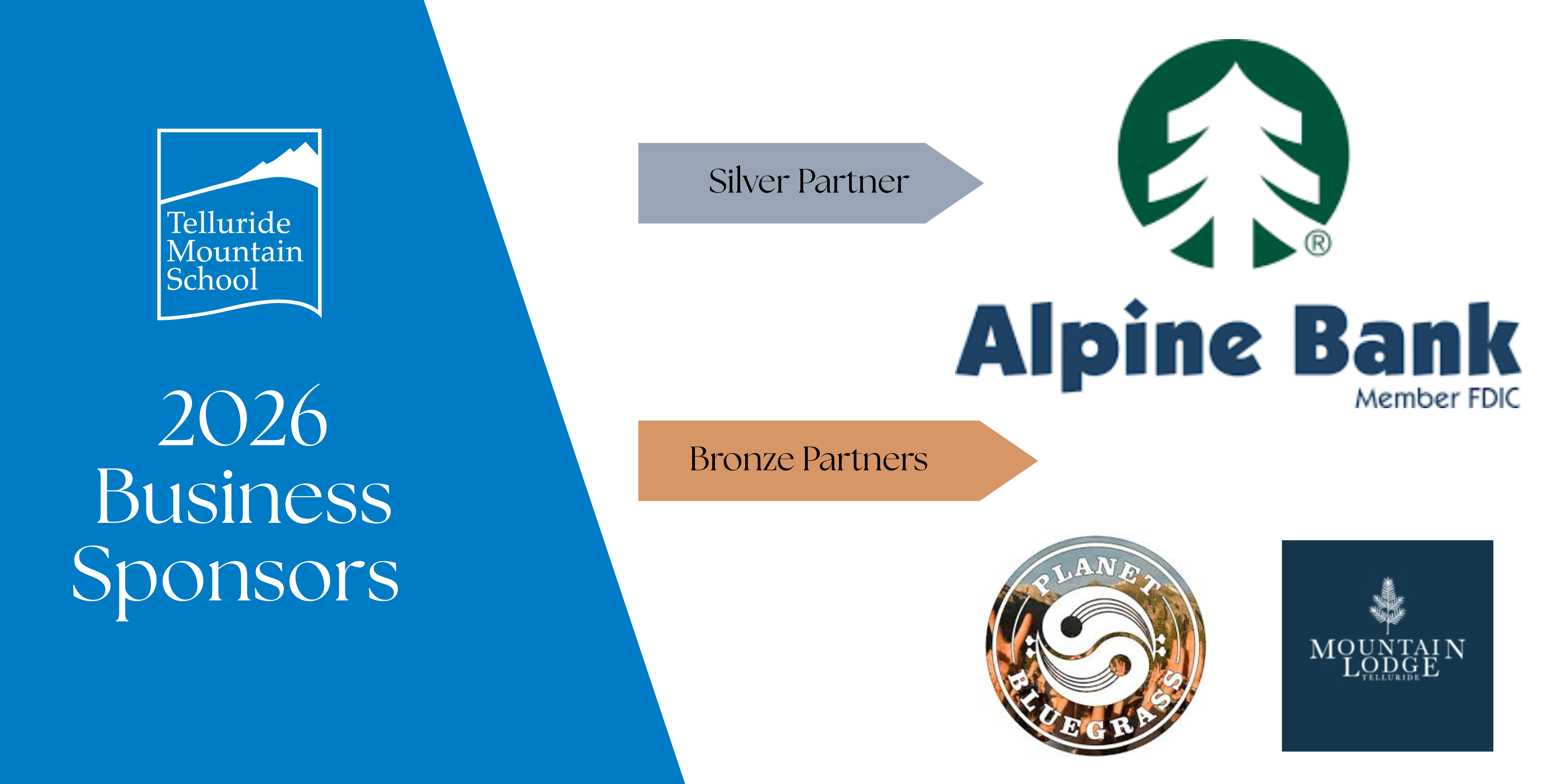 Logos of business sponsors, including "Alpine Bank", "Mountain Lodge", and "Planet", displayed on a blue and white background.