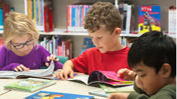 3 elementary students looking at books