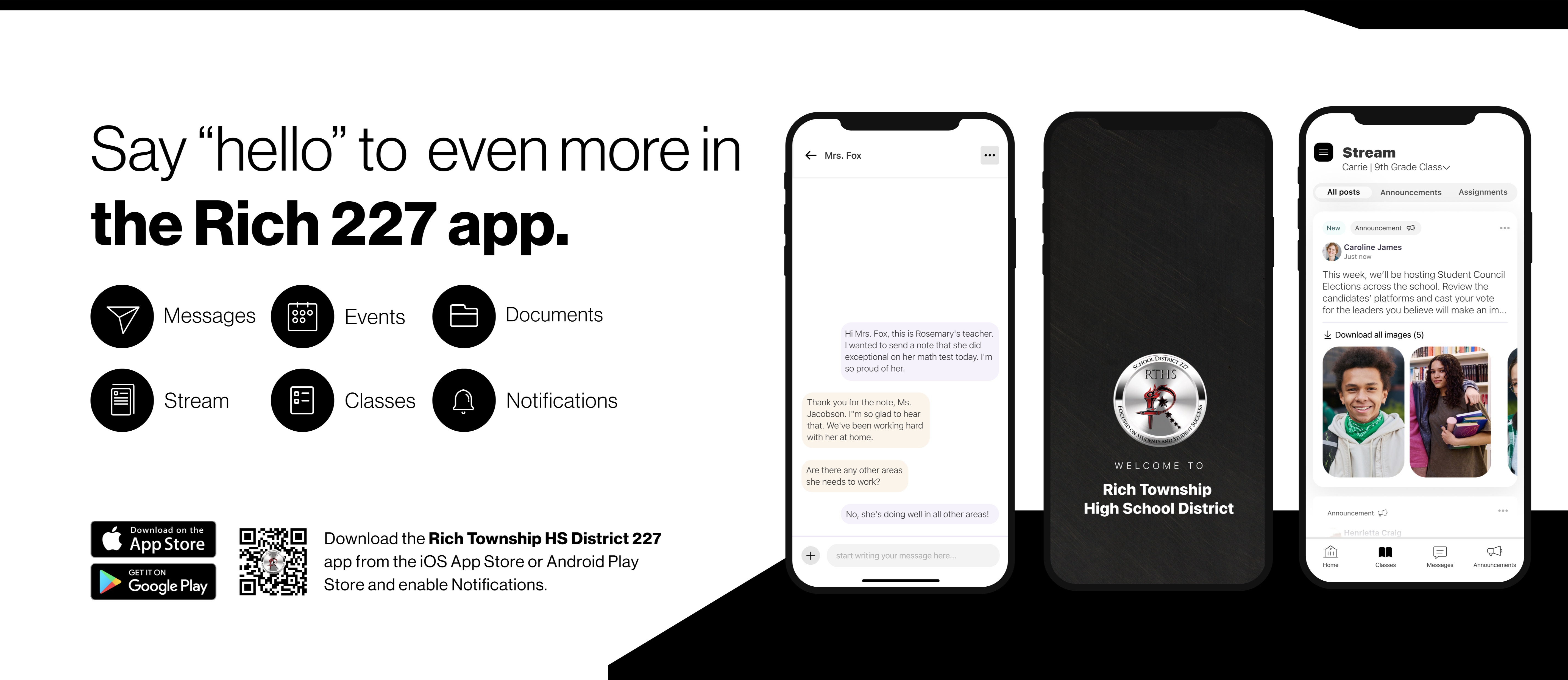 Say hello to Parent-Teacher chat in the new Rooms app. Download the (school name) app in the Google Play or Apple App store