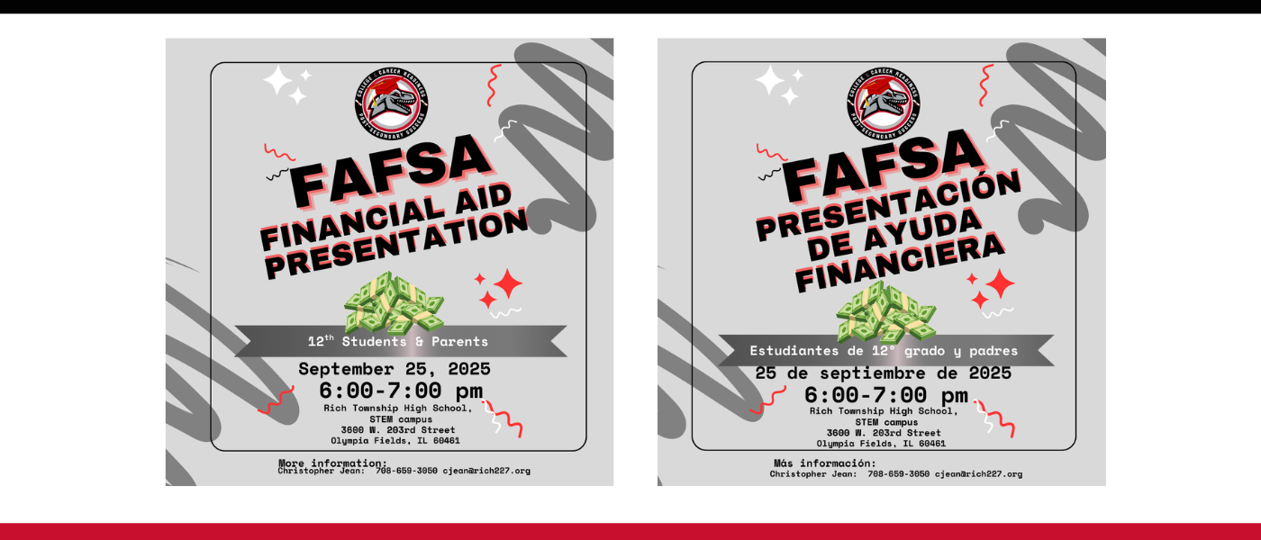 Senior Parents! Join us on Sept. 25, 2025 at 6:00 p.m. at the STEM Campus for a Financial Aid/FAFSA Presentation.  Get the info you need before FAFSA opens—don’t miss it!