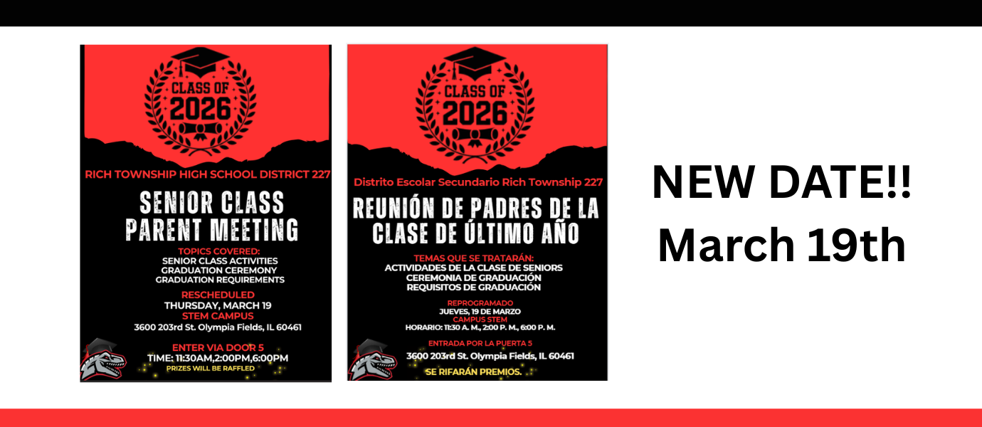 Graphic announcing that the Senior Parent Meeting has been rescheduled due to impending weather. The meeting will now take place on Thursday, March 19 during Parent/Teacher Conferences in the STEM Media Center. Families may attend one of three sessions: 11:30 AM–12:15 PM, 2:00 PM–2:45 PM, or 6:00 PM–6:45 PM. Parents and guardians are encouraged to attend the session that best fits their schedule.