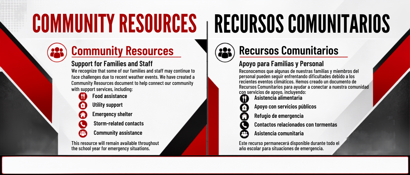 Bilingual Rich Township High School District 227 website banner about community resources. The left side in English is titled “Community Resources” and explains that families and staff who may still be facing challenges due to recent weather events can access support services. Listed resources include food assistance, utility support, emergency shelter, storm-related contacts, and community assistance. The right side in Spanish, titled “Recursos Comunitarios,” shares the same information. The banner includes district branding and a space at the bottom labeled “Resource Link / Enlace del Recurso” for the community resources link. Spanish alt text: Banner bilingüe del sitio web de Rich Township High School District 227 sobre recursos comunitarios. El lado izquierdo en inglés, titulado “Community Resources,” explica que las familias y el personal que aún enfrentan desafíos debido a recientes eventos climáticos pueden acceder a servicios de apoyo. Los recursos incluyen asistencia alimentaria, apoyo con servicios públicos, refugio de emergencia, contactos relacionados con tormentas y asistencia comunitaria. El lado derecho en español, titulado “Recursos Comunitarios,” presenta la misma información. El banner incluye la imagen institucional del distrito y un espacio en la parte inferior con la etiqueta “Resource Link / Enlace del Recurso” para añadir el enlace de recursos comunitarios.