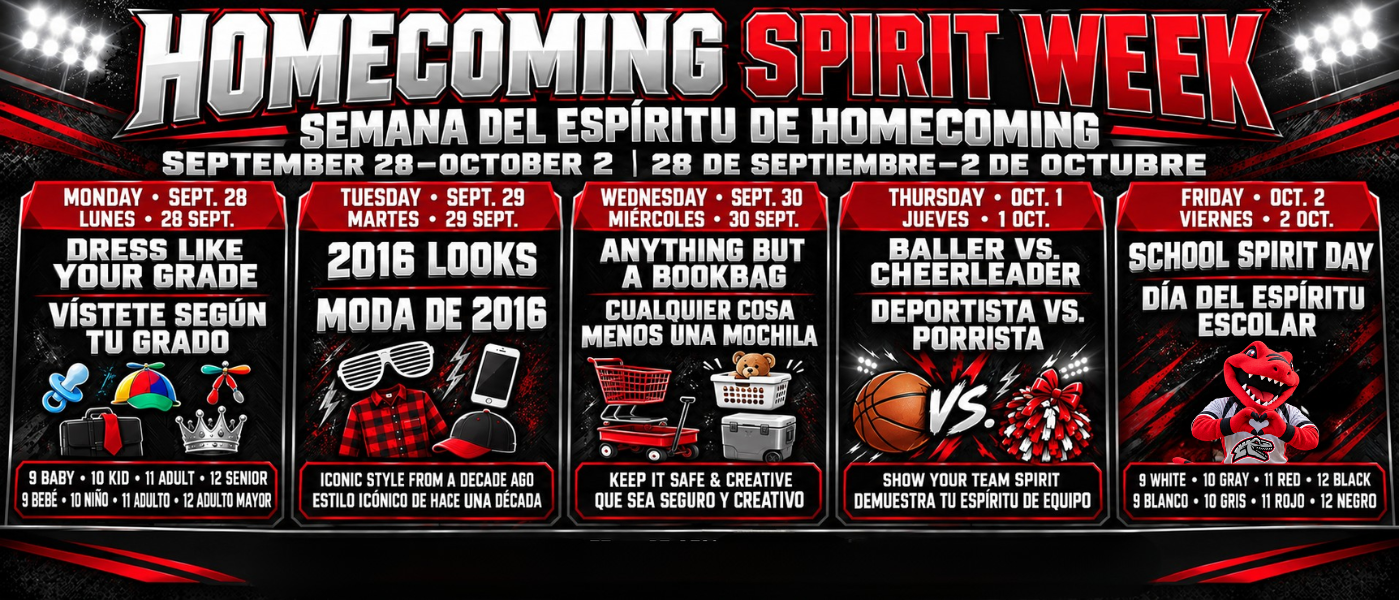 English alt text: Bilingual Rich Township Homecoming Spirit Week banner for September 28–October 2. Themes are Dress Like Your Grade, 2016 Looks, Anything but a Bookbag, Baller vs. Cheerleader, and School Spirit Day. School dress will be enforced. Texto alternativo: Banner bilingüe de la Semana del Espíritu de Homecoming de Rich Township, del 28 de septiembre al 2 de octubre. Los temas son Vístete según tu grado, Moda de 2016, Cualquier cosa menos una mochila, Deportista vs. Porrista y Día del Espíritu Escolar. Se aplicará el código de vestimenta escolar.