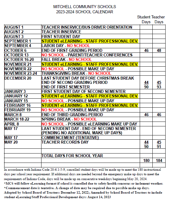 2023 2024 MCS Calendar REVISED Mitchell Community Schools