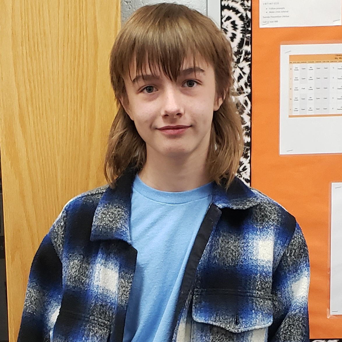 young man with a dark blonde mullet haircut  wearing a  light blue t-shirt under a blue,black, & white plaid flannel shirt