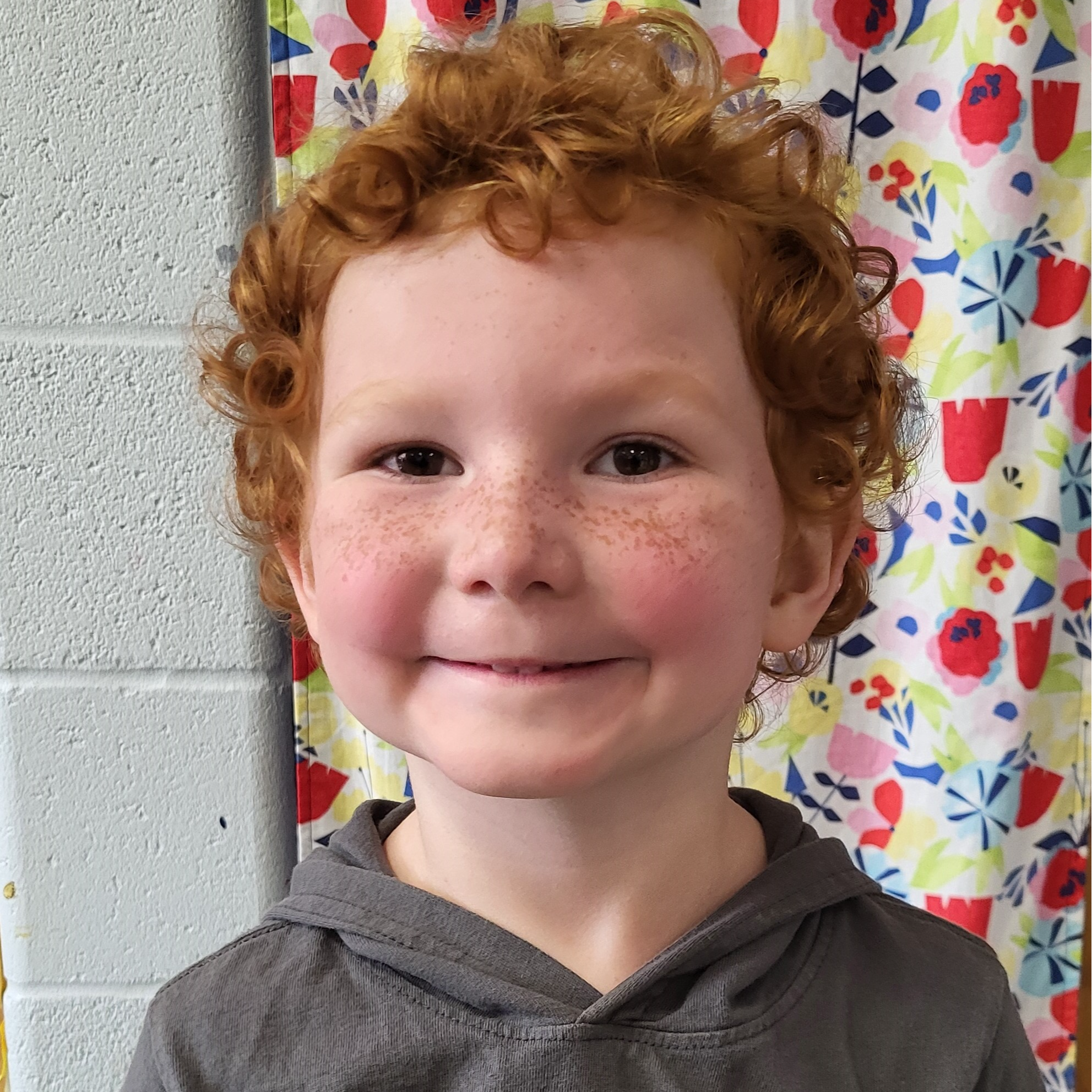 smiling little boy with curly red hair and freckles wearing a gray hoodie