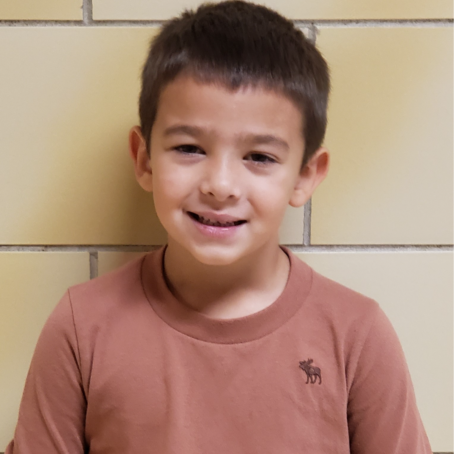 smiling young boy with dark hair wearing a rust colored t-shirt