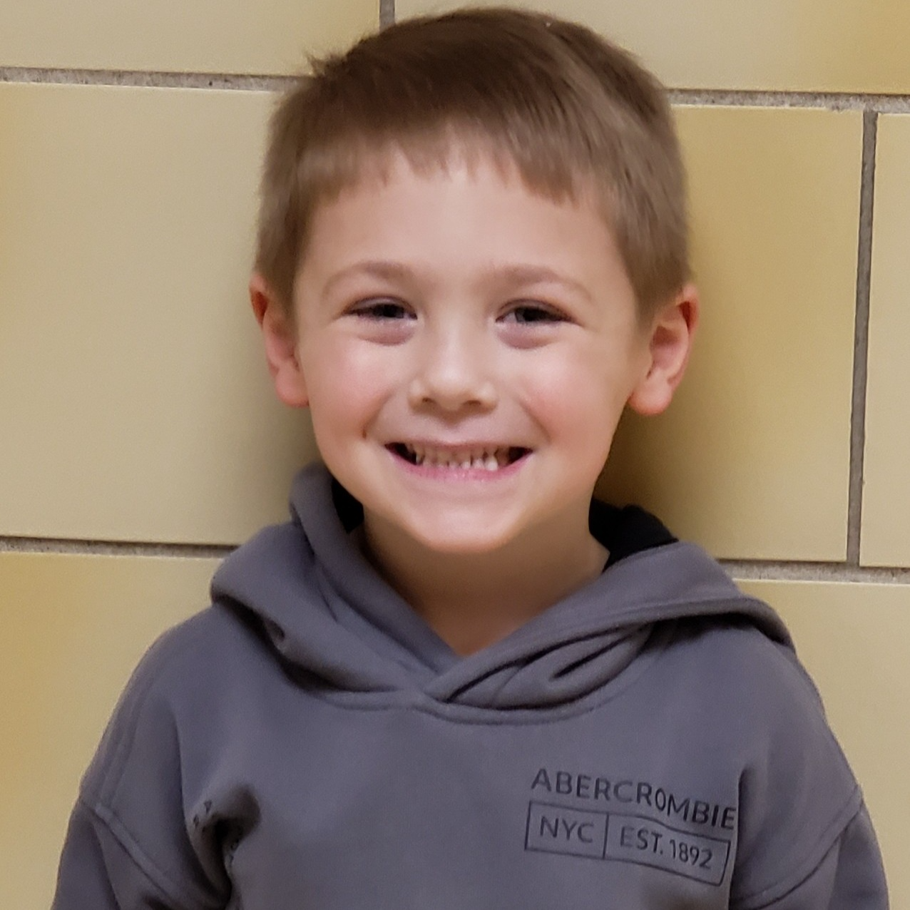 smiling little boy with blonde hair wearing a gray hooded sweatshirt