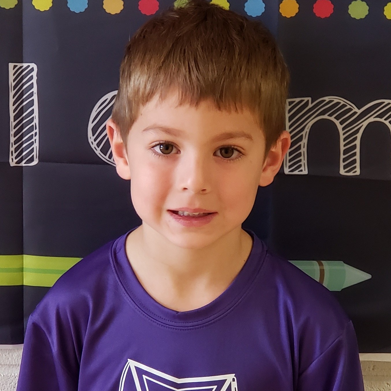 smiling little boy with brown hair wearing a purple t-shirt