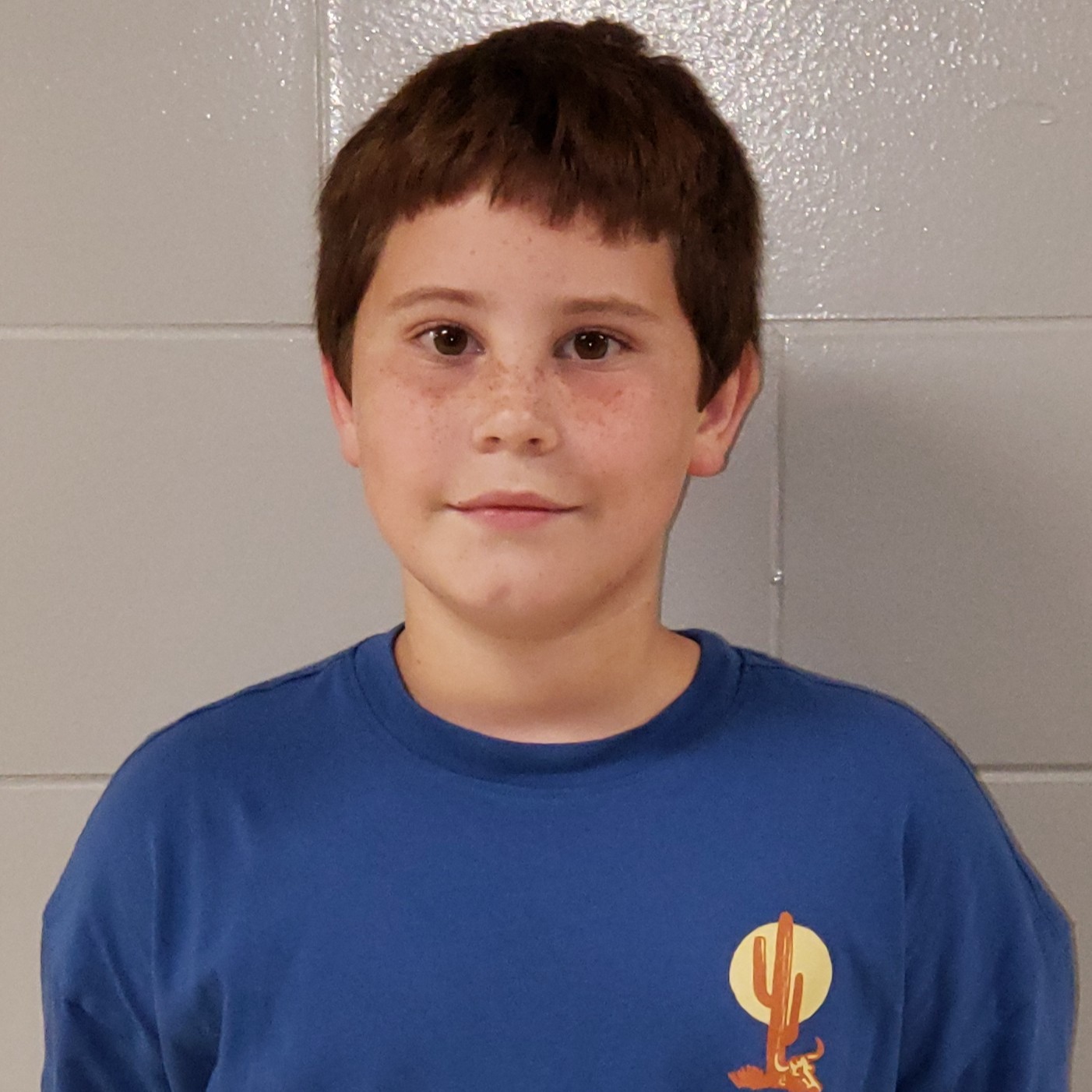 smiling boy with dark hair and freckles wearing a blue t-shirt