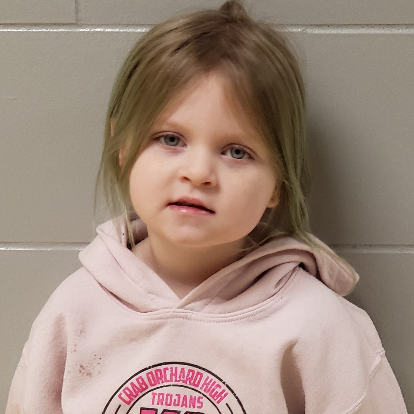 little girl with blonde hair tinted blue wearing a light pink hoodie