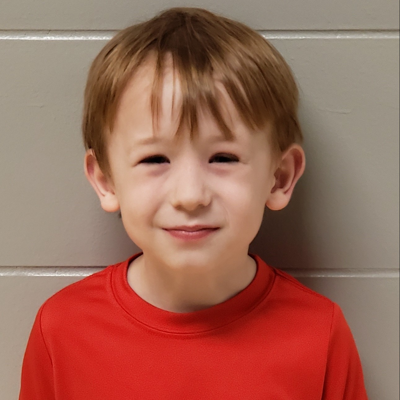 smiling little boy with dark blonde hair wearing a red t-shirt