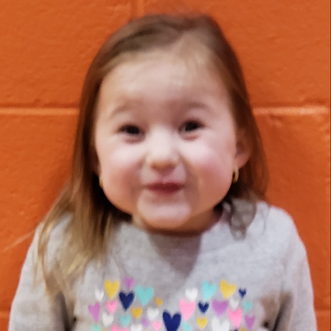smiling little girl with light brown hair wearing a gray sweatshirt with various colors of hearts on it