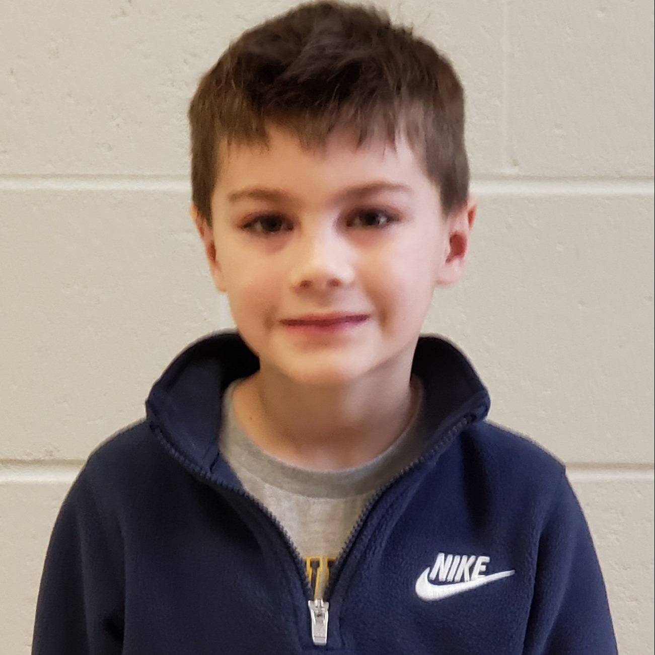 young boy with dark hair wearing a navy blue quarter zip over a gray t-shirt