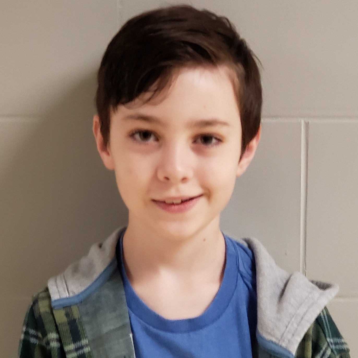 smirking boy with dark hair parted on the side wearing a blue t-shirt under a green plaid flannel hooded jacket