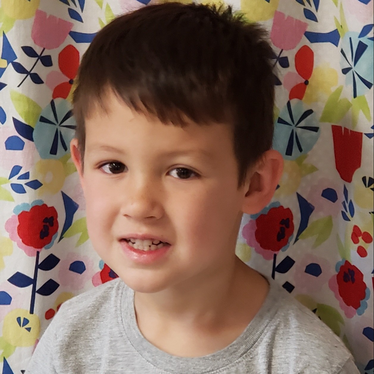 young boy with dark hair wearing a gray t-shirt