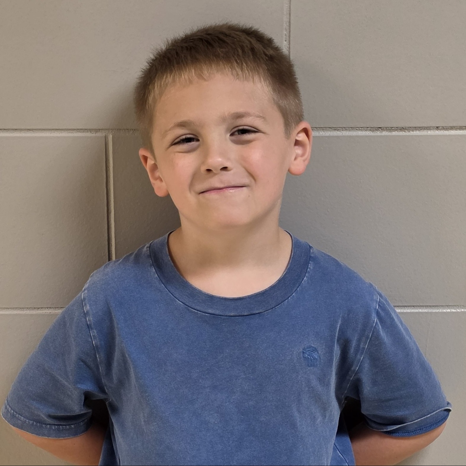 smiling young boy with sandy hair wearing a blue t-shirt