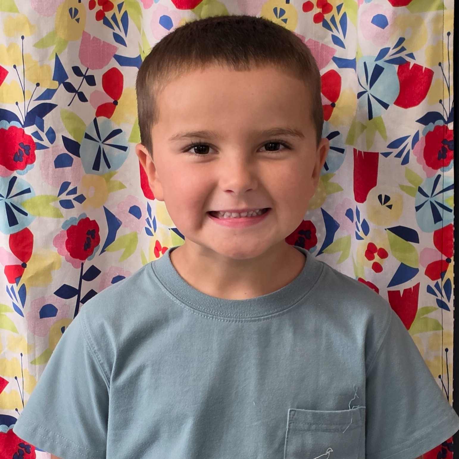 smiling little boy with dark hair wearing a gray t-shirt