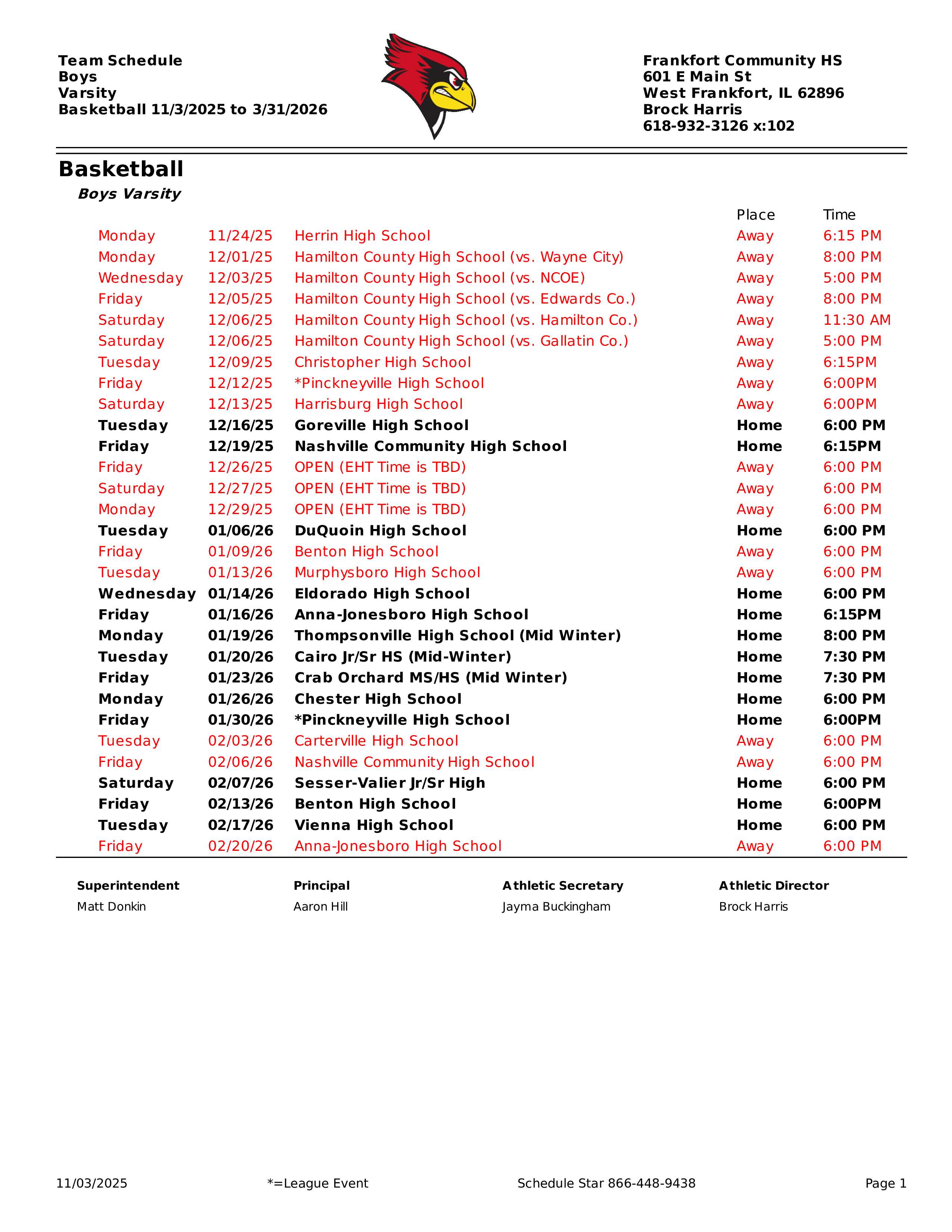 Boys Basketball Schedule 25-26