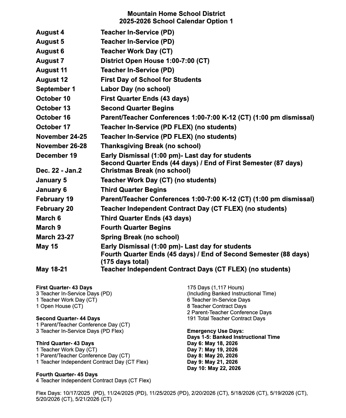 District Calendar Mountain Home Public Schools