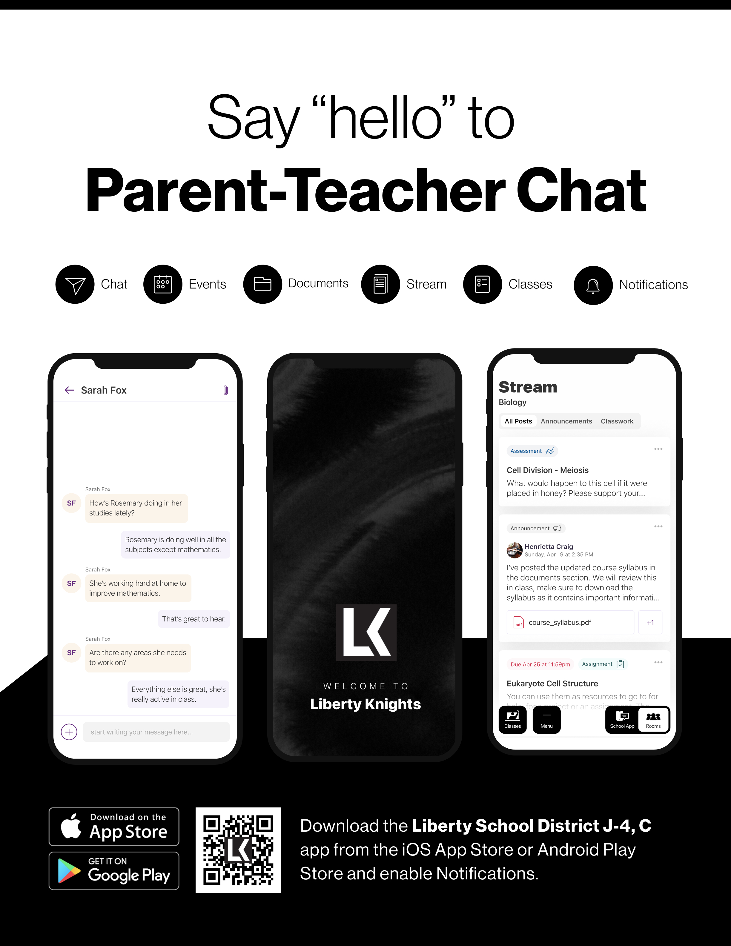 Say hello to Parent-Teacher chat in the new Rooms app. Download the Liberty School District J-4 app in the Google Play or Apple App store.