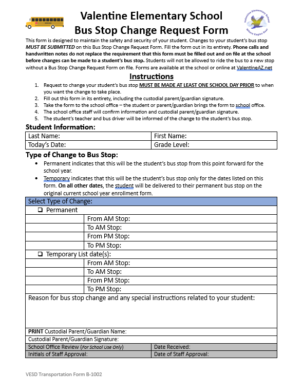 Bus Stop Change Request Form