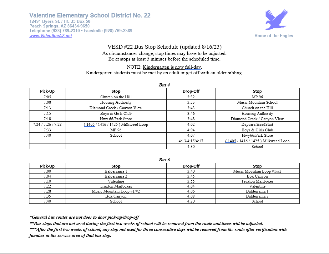 Bus Stop Schedule 2023-2024