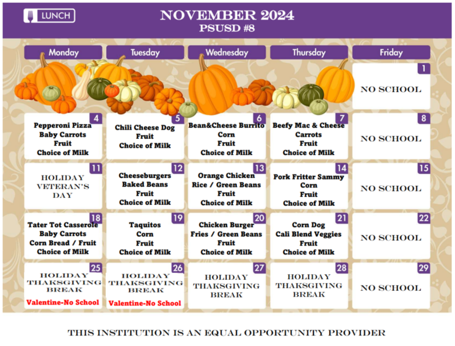 November  2024 Lunch Menu