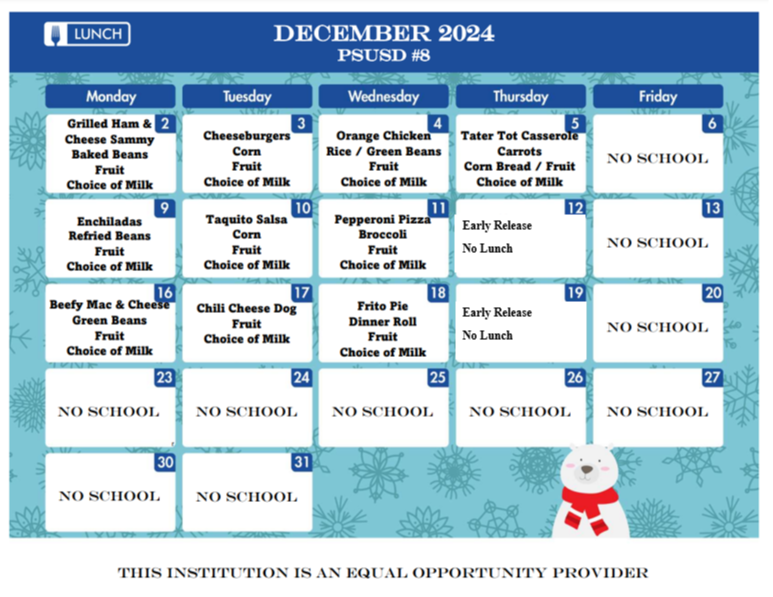 December  2024 Lunch Menu