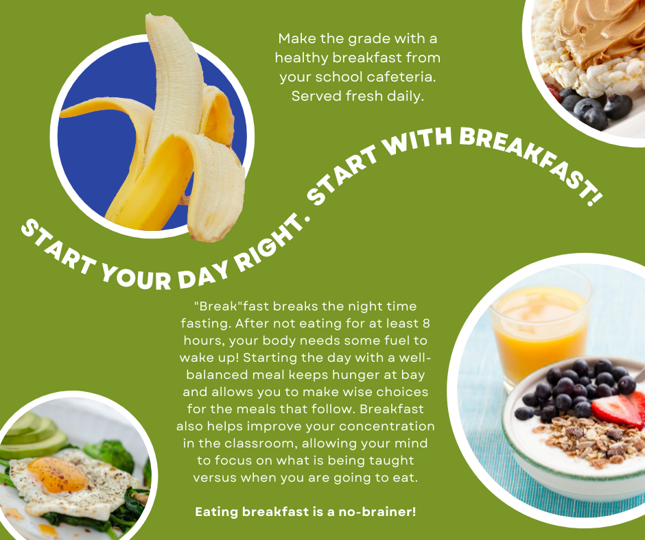 Start your day right. Start with breakfast! graphic