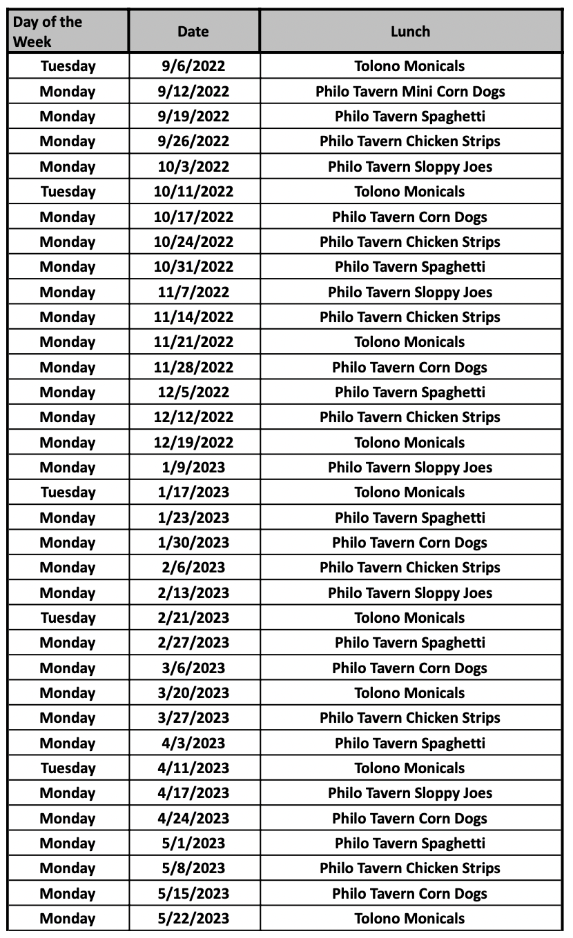 2022-23 Hot Lunch Schedule