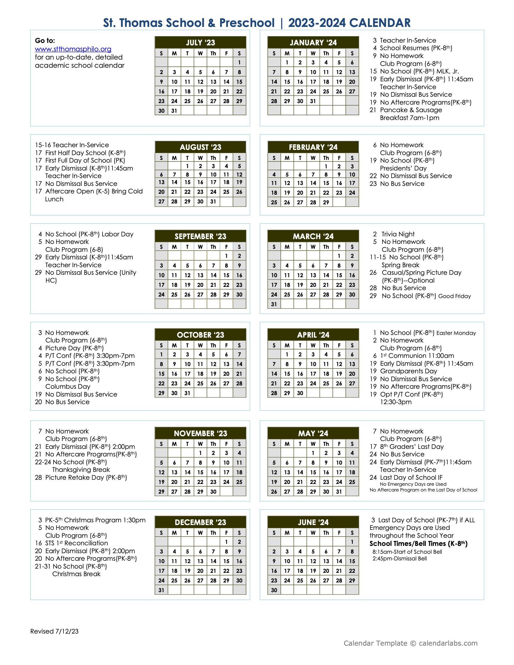 At-A-Glance School Calendar | St. Thomas Catholic School