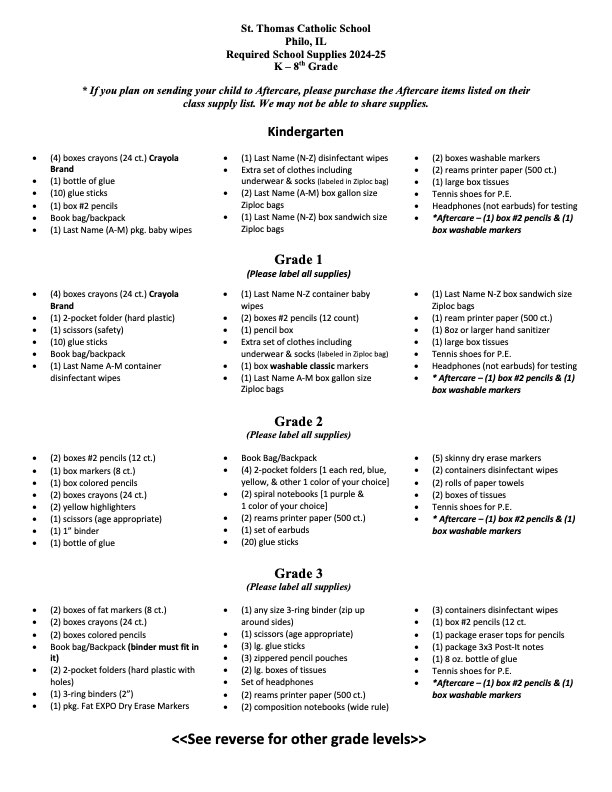 School Supply List pg 1