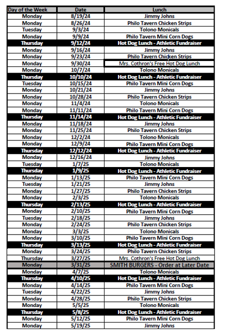 2024-25 Hot Lunch Schedule