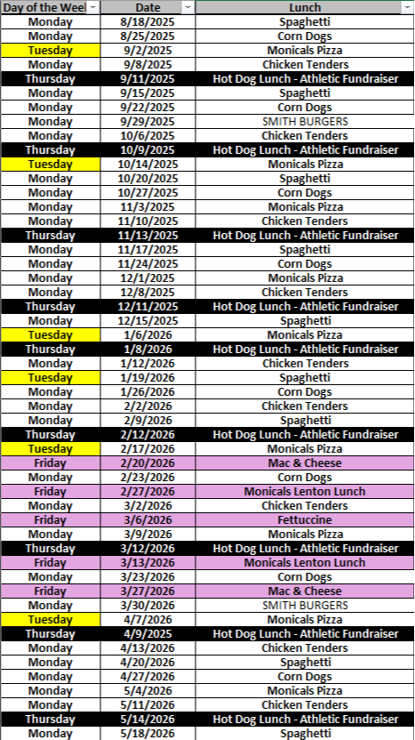 2025-26 Hot Lunch Schedule
