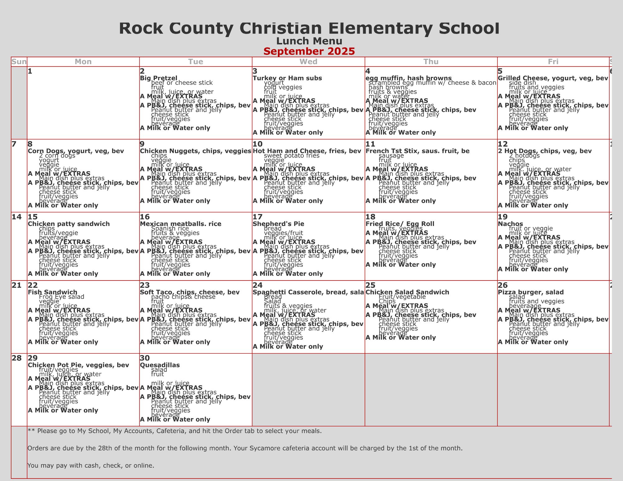 Rock County Christian School September Hot Lunch Menu