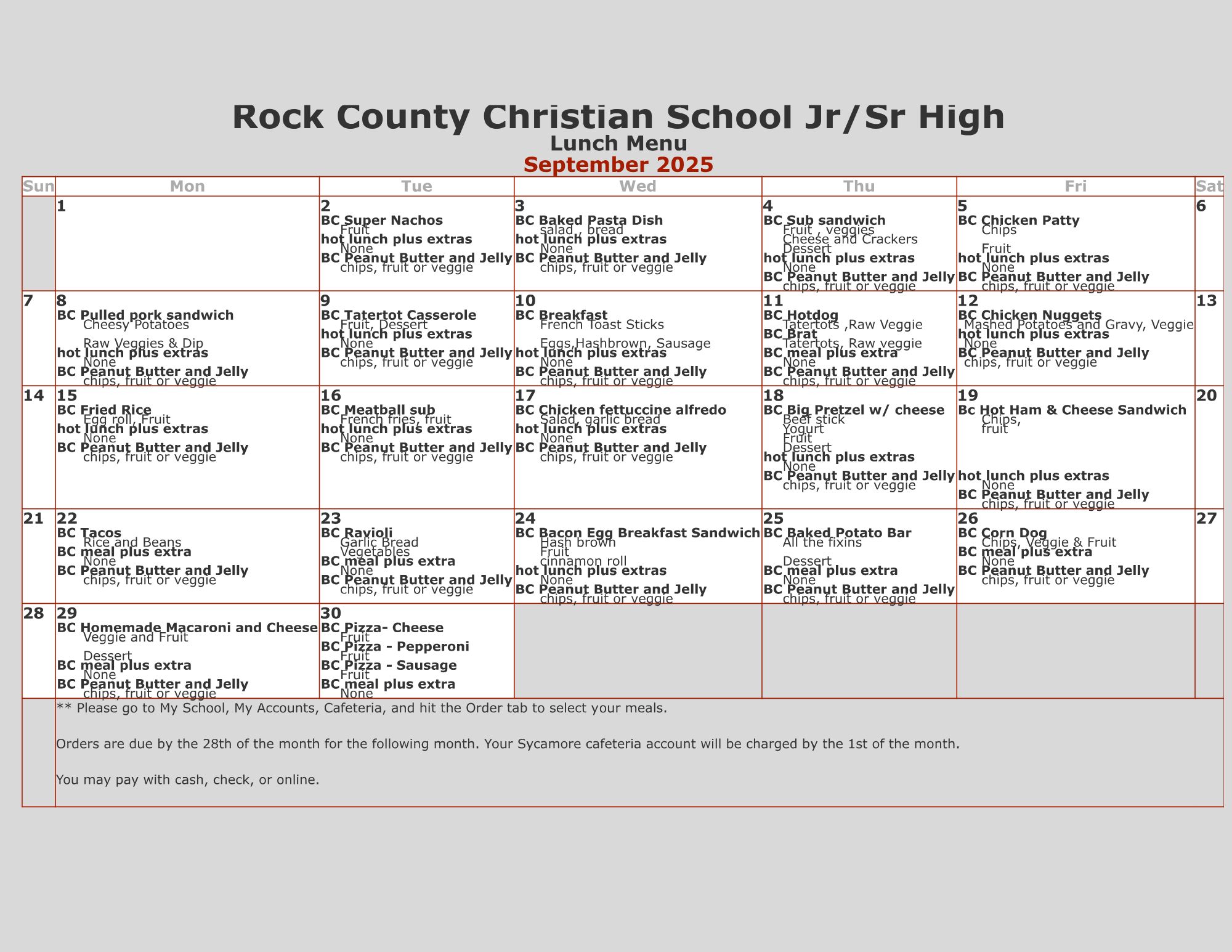 Rock County Christian School September Hot Lunch Menu