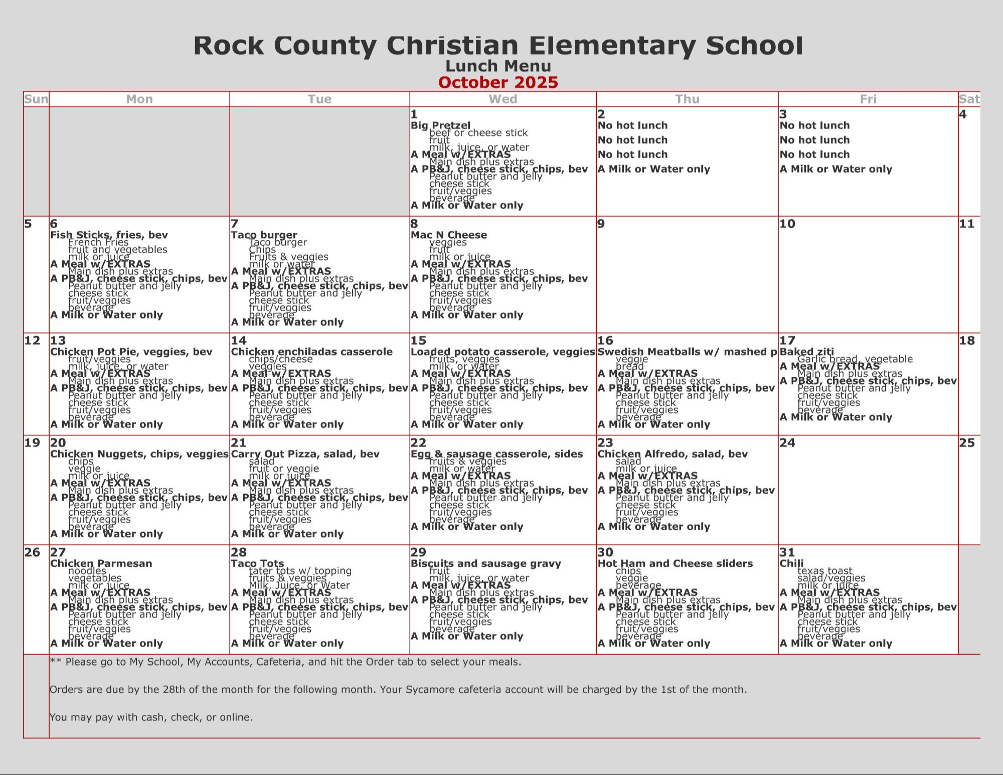 Rock County Christian School September Hot Lunch Menu