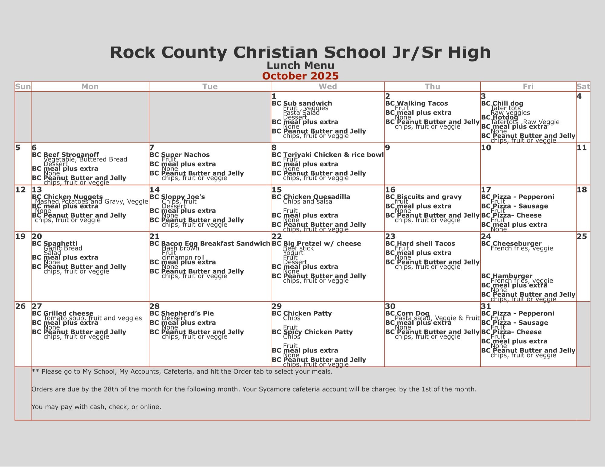 Rock County Christian School September Hot Lunch Menu