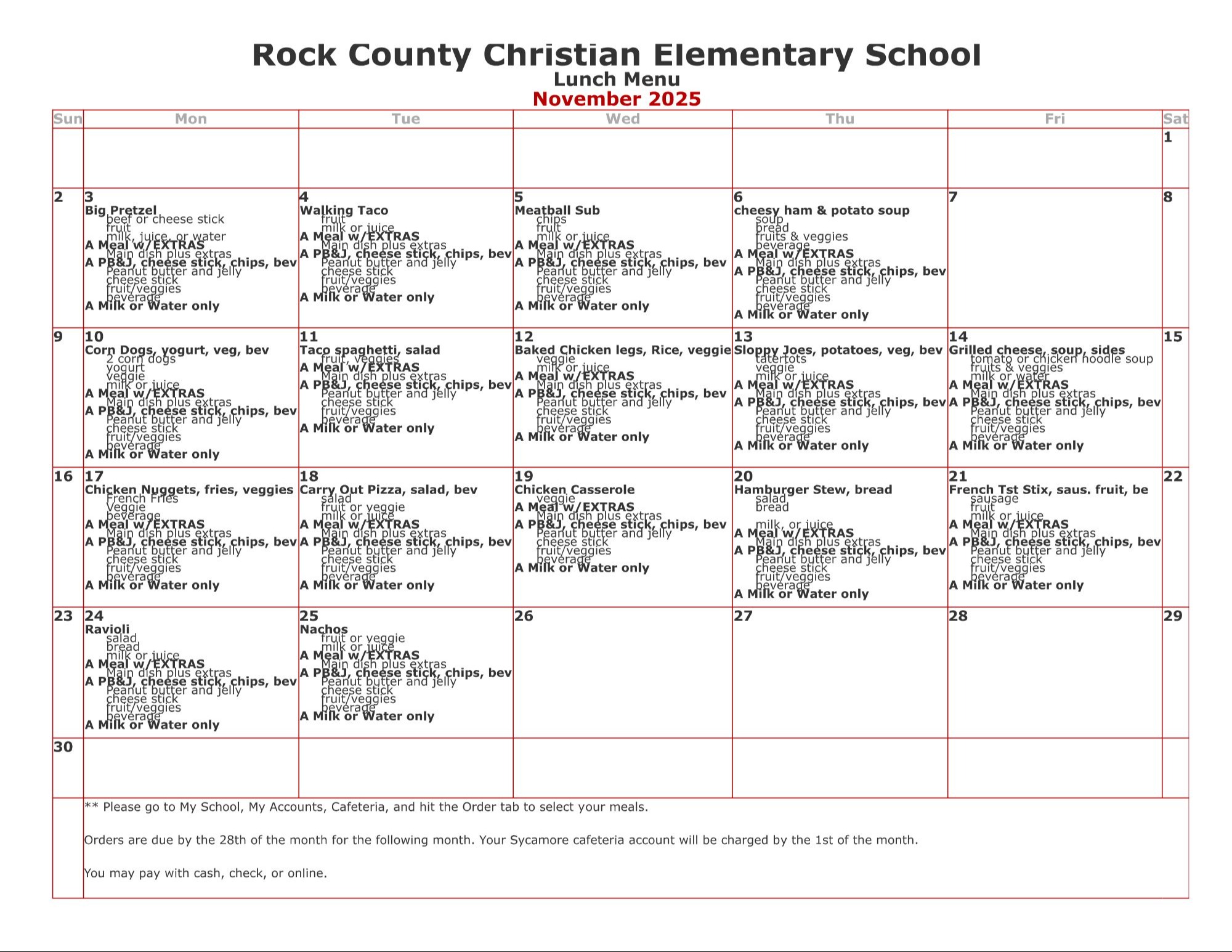 Rock County Christian School Hot Lunch Menu
