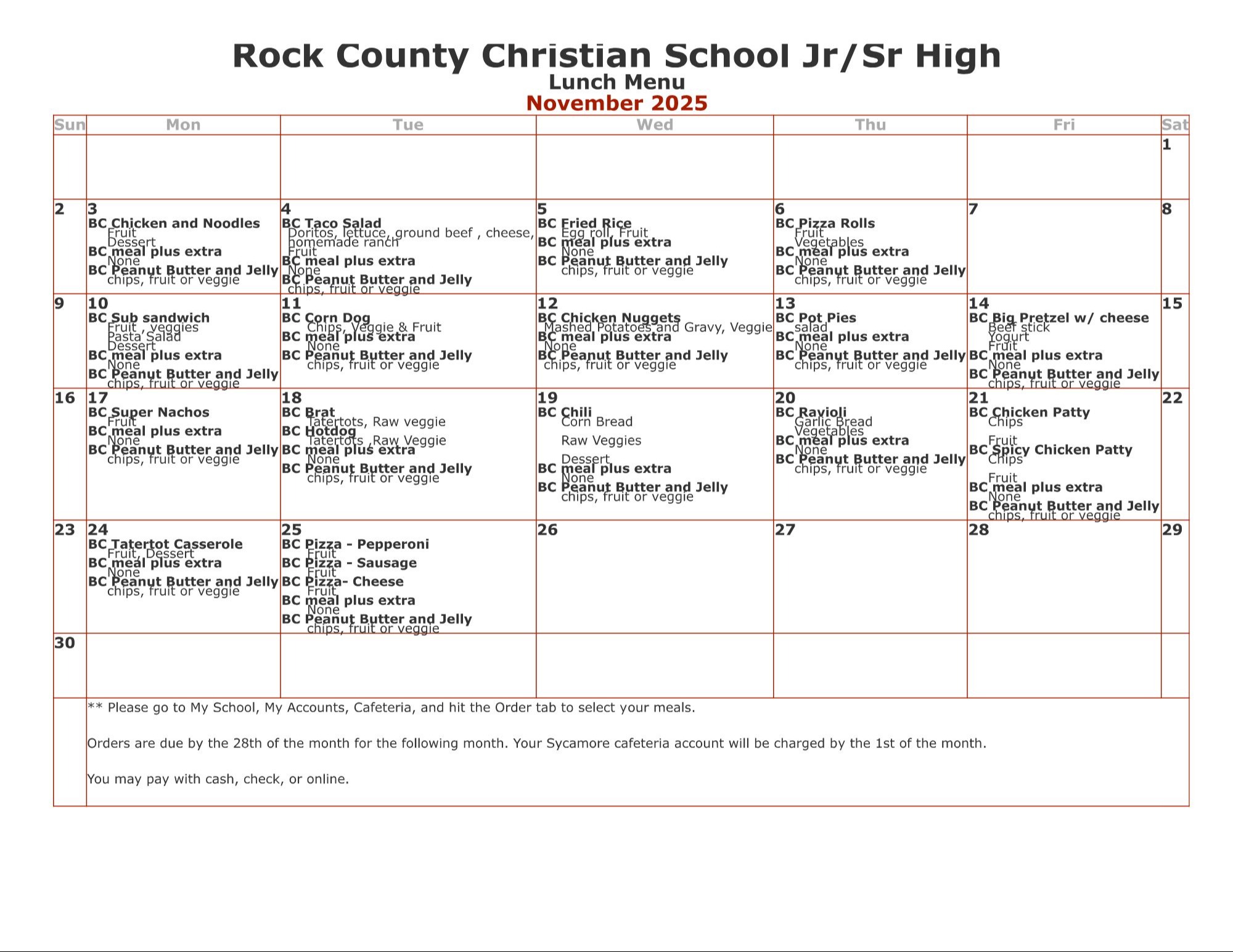 Rock County Christian School Hot Lunch Menu
