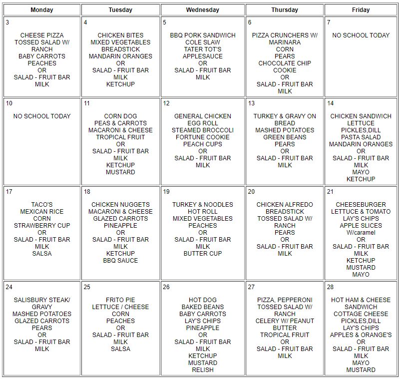 Breakfast/Lunch Menus | Southwest R-V School District