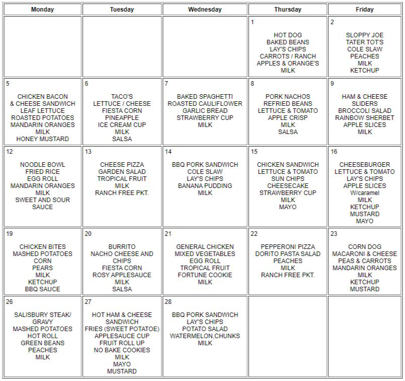 Breakfast/Lunch Menus | Southwest R-V School District