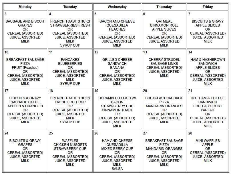 Sumer School Breakfast Menu