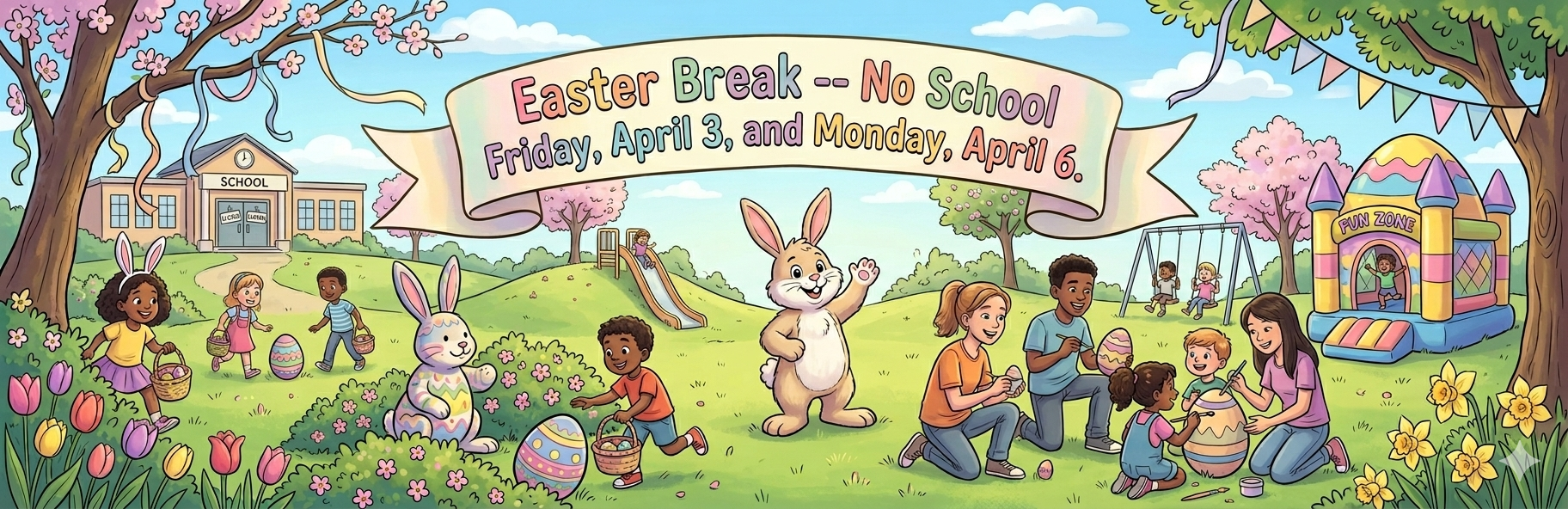 A colorful cartoon banner of a spring Easter scene featuring children and teens hunting for eggs, painting a large Easter egg, and playing near a bounce house. A central ribbon overlay reads: 'Easter Break — No School Friday, April 3, and Monday, April 6.
