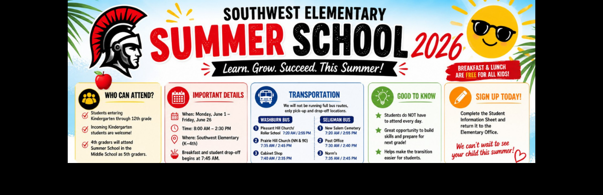 A colorful summer school website banner for Southwest Elementary Summer School 2026. The header features a Trojan mascot, a sun wearing sunglasses, and the tagline "Learn. Grow. Succeed. This Summer!" The banner also notes that breakfast and lunch are free for all kids. Below the header are five informational panels covering attendance, schedule, transportation, benefits, and registration.